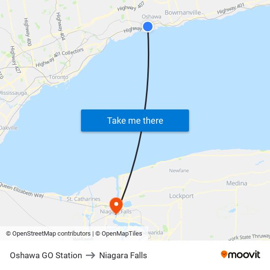 Oshawa GO Station to Niagara Falls map