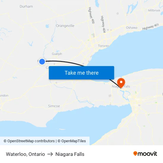 Waterloo, Ontario to Niagara Falls map