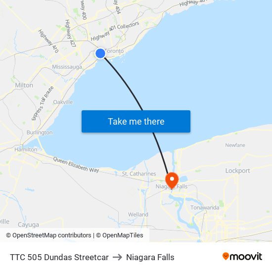 TTC 505 Dundas Streetcar to Niagara Falls map