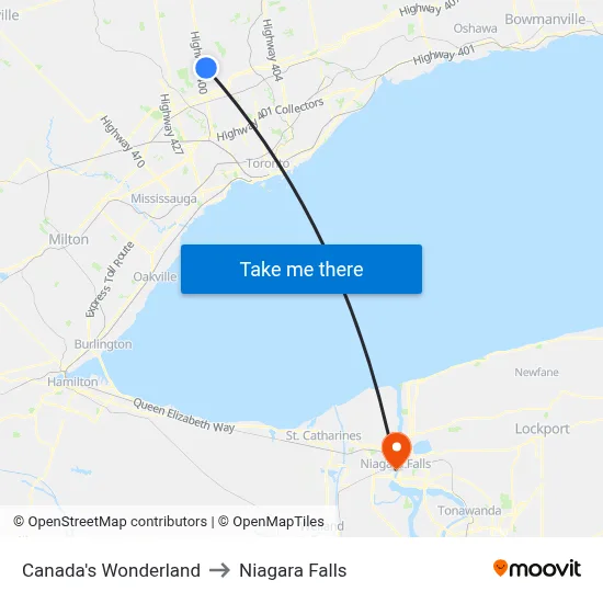 Canada's Wonderland to Niagara Falls map