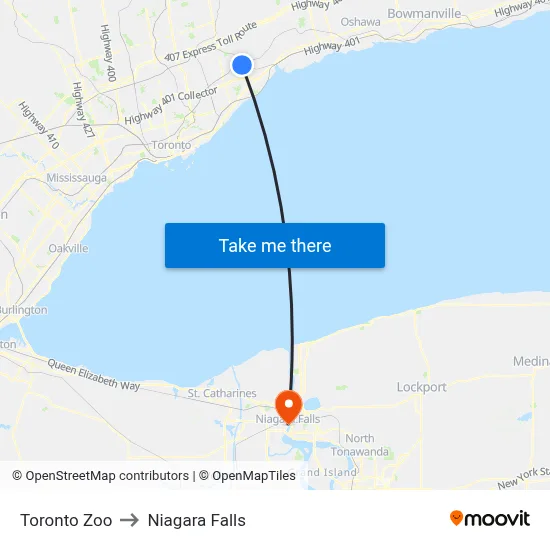 Toronto Zoo to Niagara Falls map