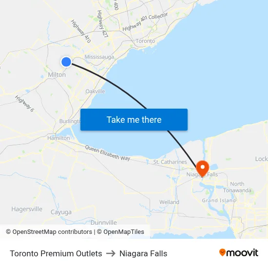 Toronto Premium Outlets to Niagara Falls map