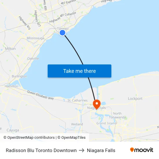 Radisson Blu Toronto Downtown to Niagara Falls map