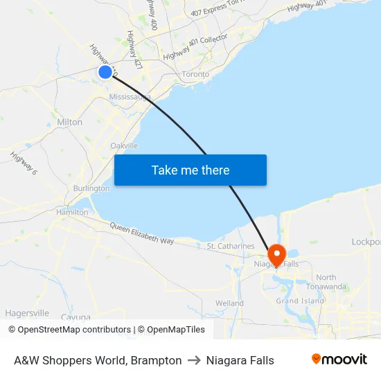 A&W Shoppers World, Brampton to Niagara Falls map