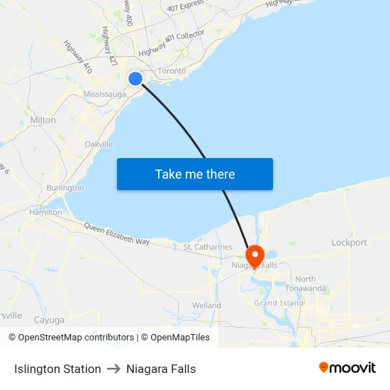 Islington Station to Niagara Falls map