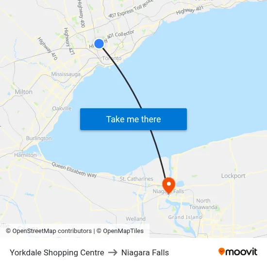 Yorkdale Shopping Centre to Niagara Falls map