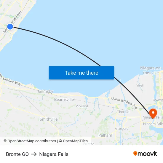 Bronte GO to Niagara Falls map