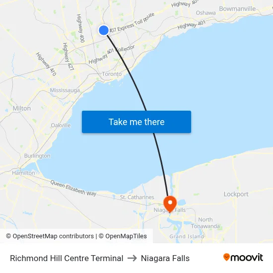 Richmond Hill Centre Terminal to Niagara Falls map