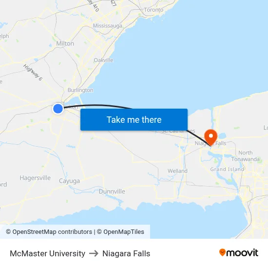 McMaster University to Niagara Falls map