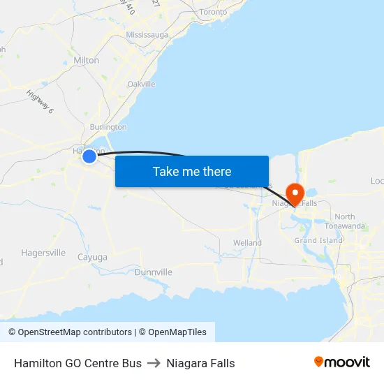 Hamilton GO Centre Bus to Niagara Falls map