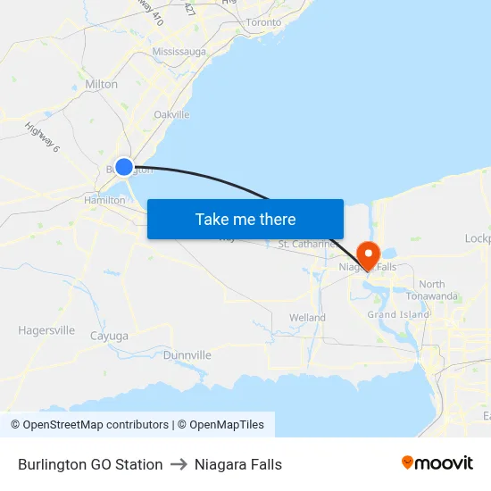 Burlington GO Station to Niagara Falls map
