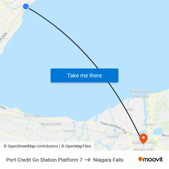 Port Credit Go Station Platform 7 to Niagara Falls map