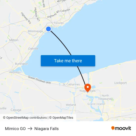 Mimico GO to Niagara Falls map