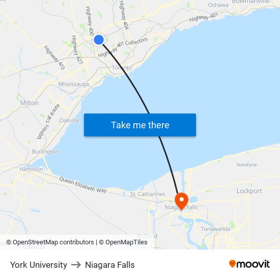 York University to Niagara Falls map
