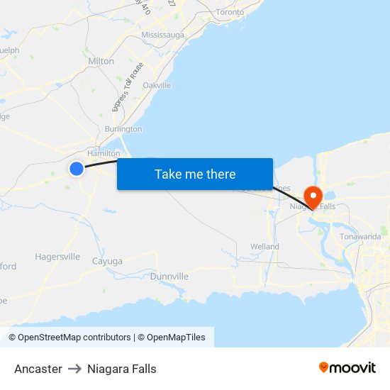 Ancaster to Niagara Falls map