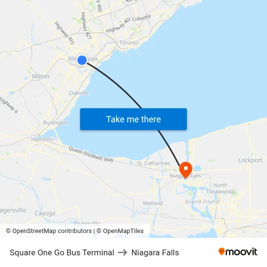 Square One Go Bus Terminal to Niagara Falls map