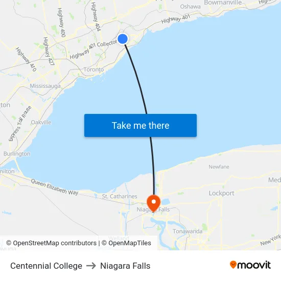Centennial College to Niagara Falls map