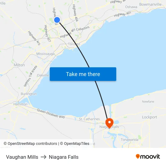 Vaughan Mills to Niagara Falls map