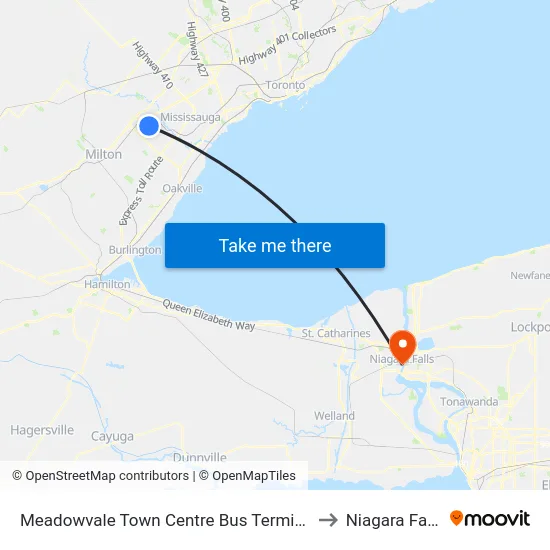Meadowvale Town Centre Bus Terminal to Niagara Falls map