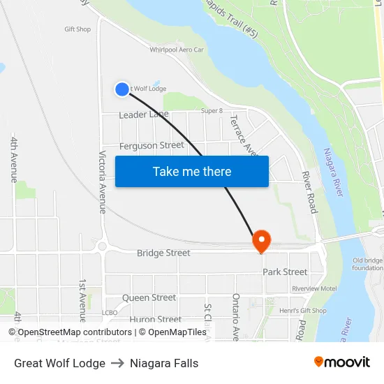 Great Wolf Lodge to Niagara Falls map
