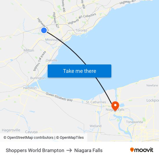 Shoppers World Brampton to Niagara Falls map