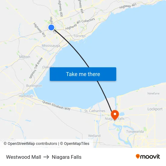 Westwood Mall to Niagara Falls map