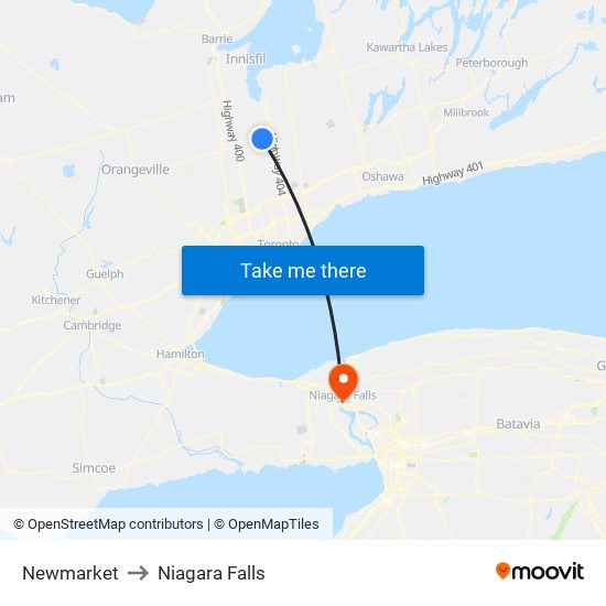 Newmarket to Niagara Falls map