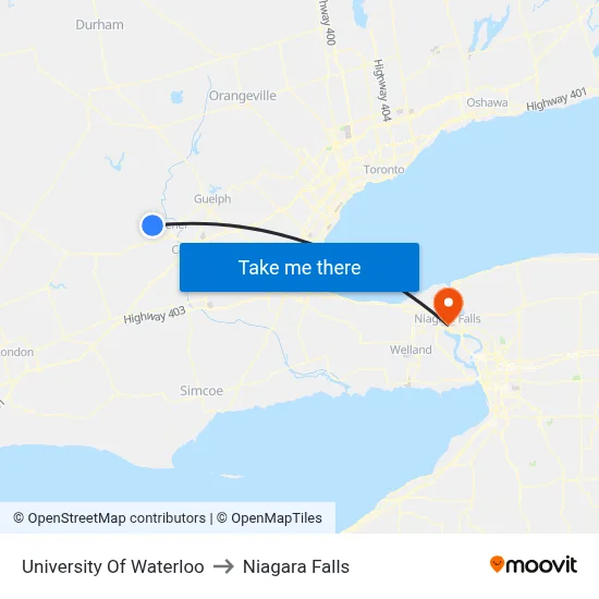 University Of Waterloo to Niagara Falls map