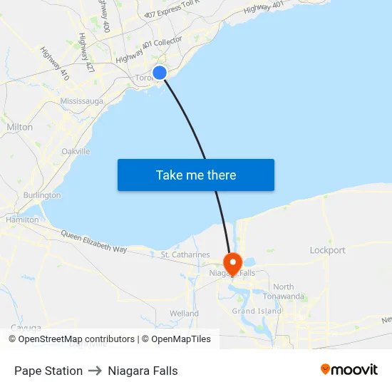 Pape Station to Niagara Falls map