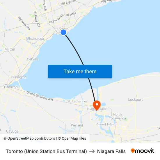 Toronto (Union Station Bus Terminal) to Niagara Falls map