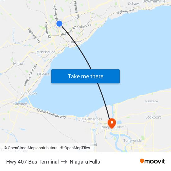 Hwy 407 Bus Terminal to Niagara Falls map