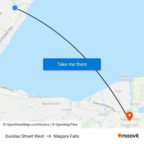 Dundas Street West to Niagara Falls map