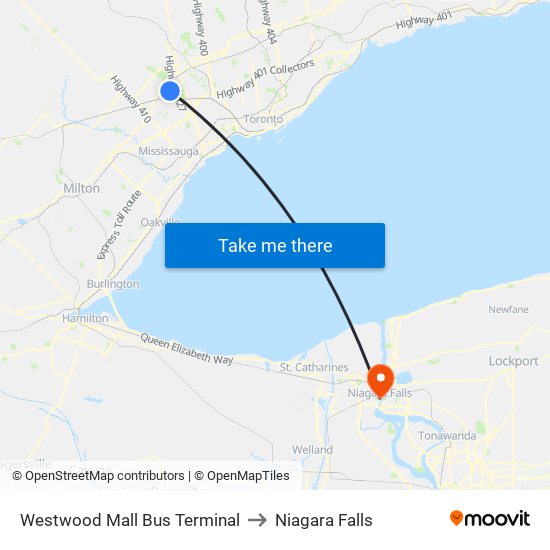 Westwood Mall Bus Terminal to Niagara Falls map
