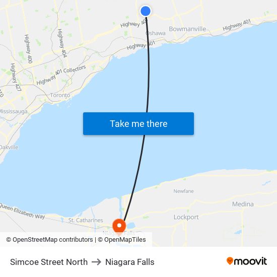 Simcoe Street North to Niagara Falls map