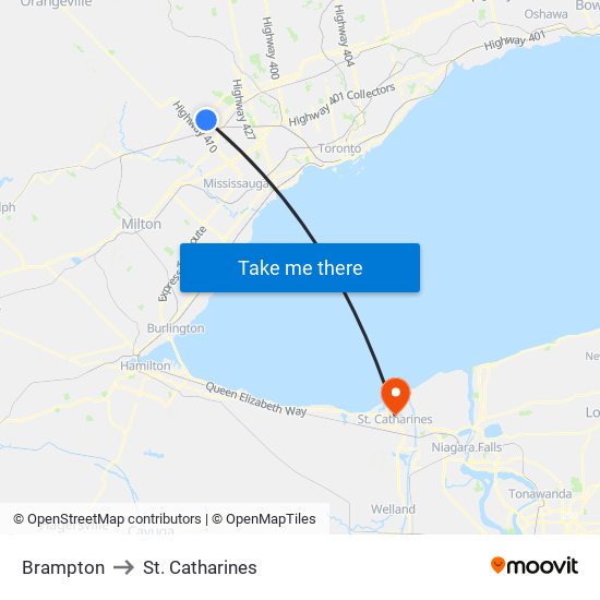 Brampton to St. Catharines map