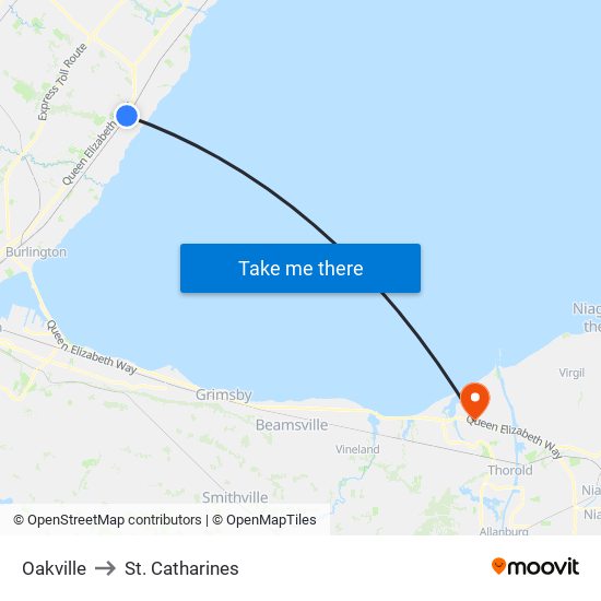 Oakville to St. Catharines map