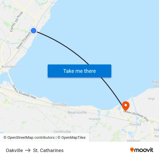 Oakville to St. Catharines map