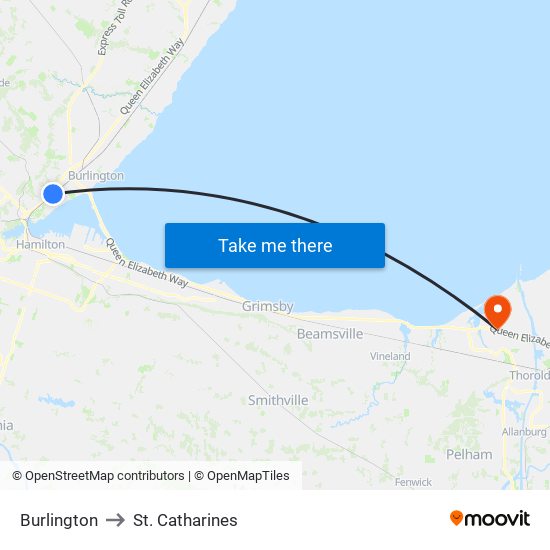 Burlington to St. Catharines map
