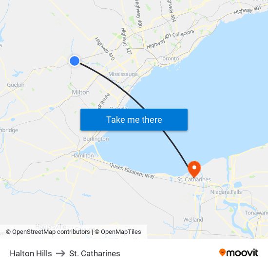 Halton Hills to St. Catharines map