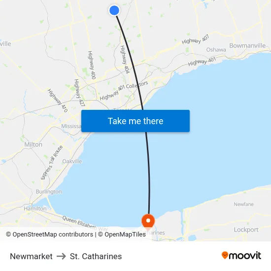 Newmarket to St. Catharines map
