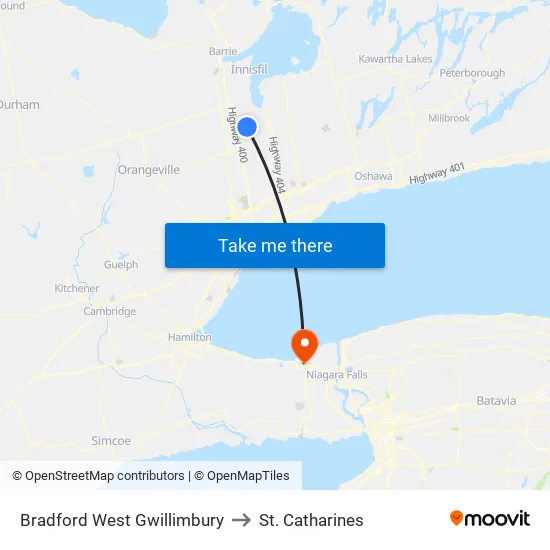 Bradford West Gwillimbury to St. Catharines map