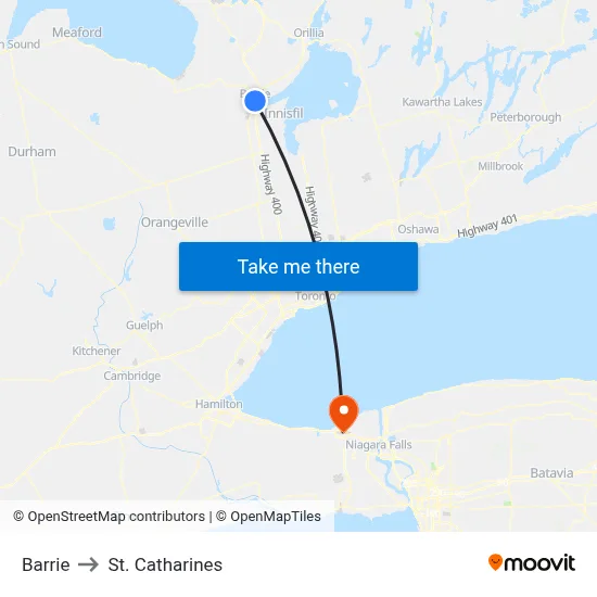 Barrie to St. Catharines map