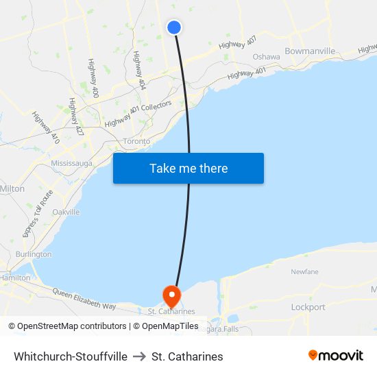 Whitchurch-Stouffville to St. Catharines map