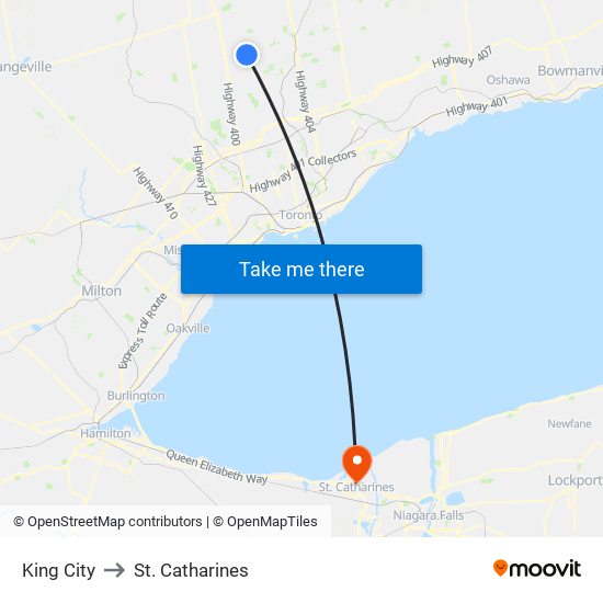 King City to St. Catharines map