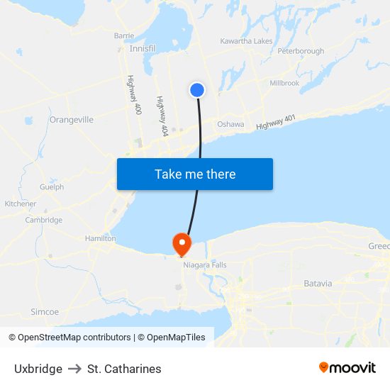 Uxbridge to St. Catharines map