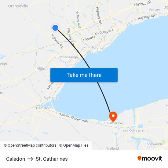 Caledon to St. Catharines map