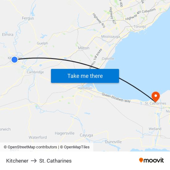 Kitchener to St. Catharines map