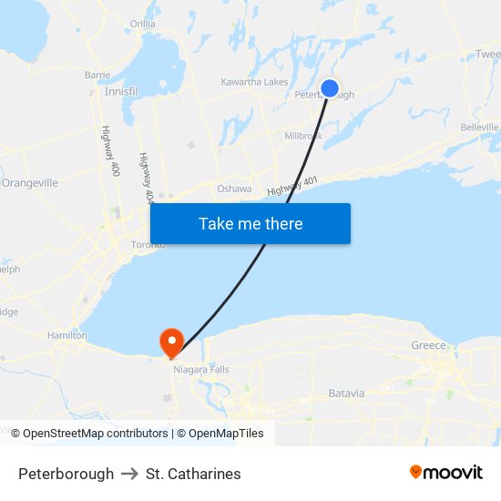 Peterborough to St. Catharines map