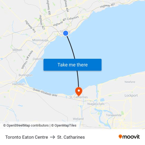 Toronto Eaton Centre to St. Catharines map