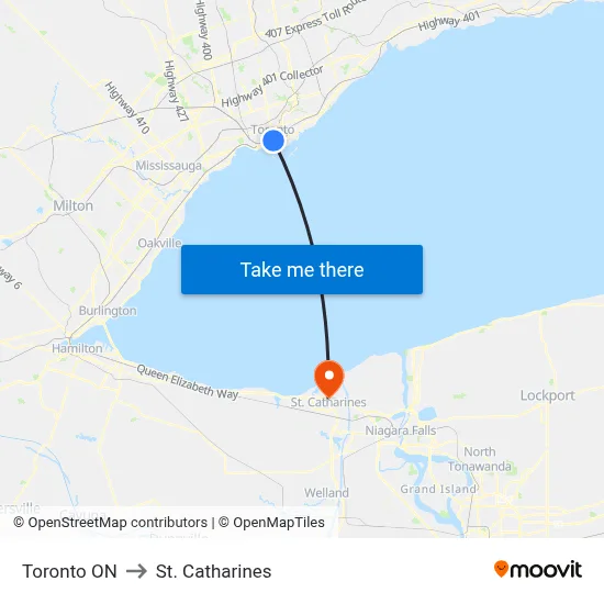 Toronto ON to St. Catharines map
